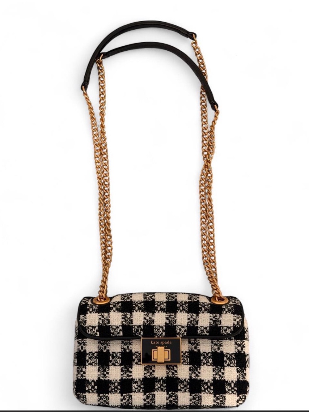 kate spade Black and Cream Check Crossbody with Gold Chain